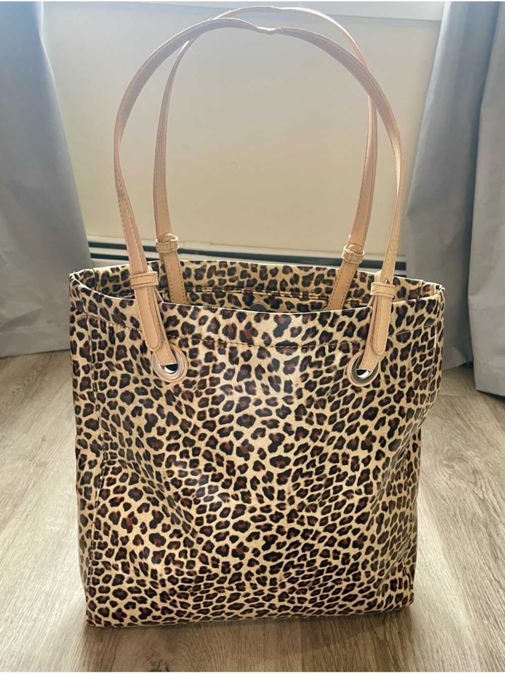 JESSICA Leopard Print Tote Bag with Tan Handles with matching cosmetic bag